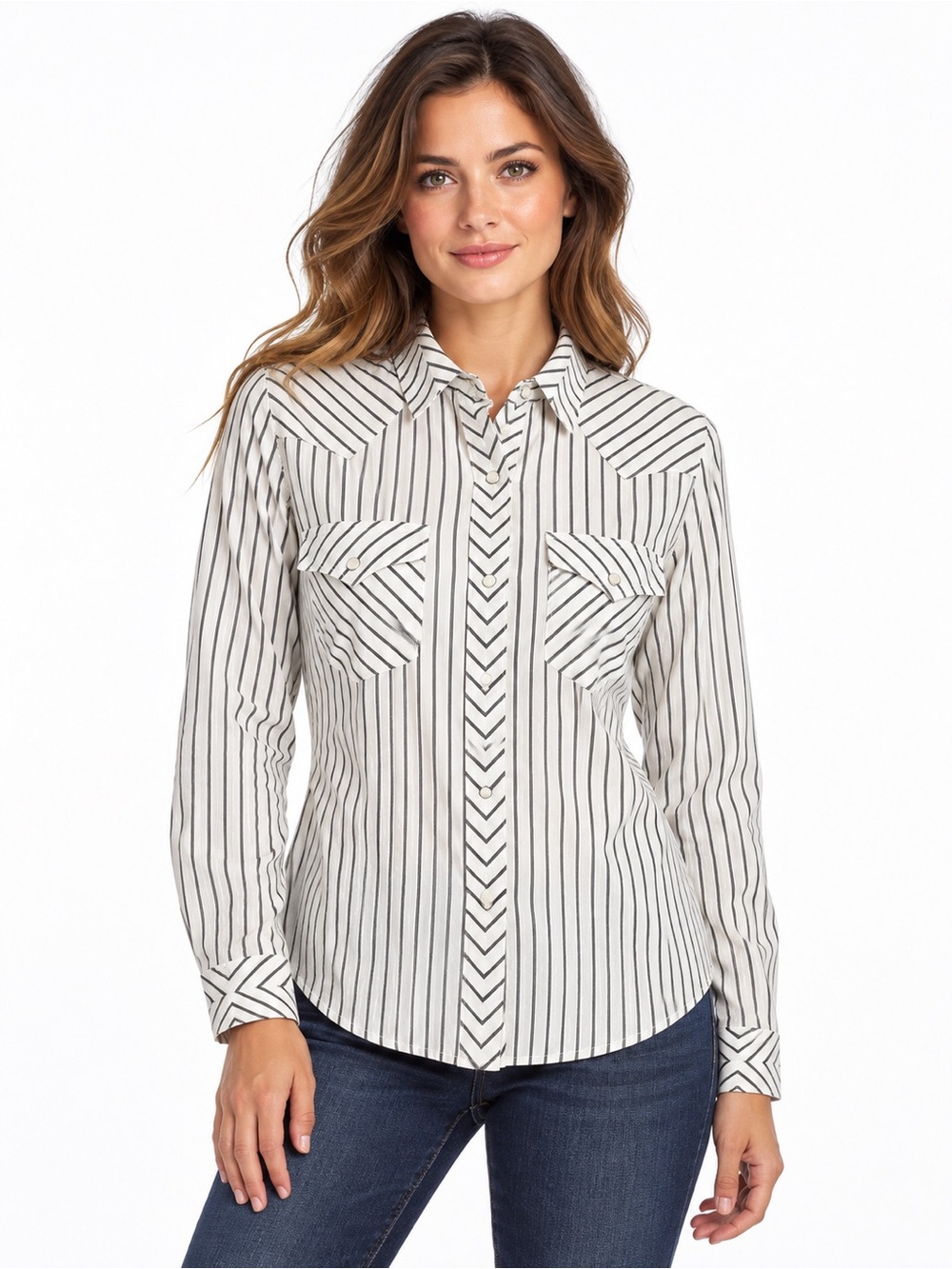 Wrangler Retro Black White Striped Western Button Front Shirt NWT Small Cowgirl